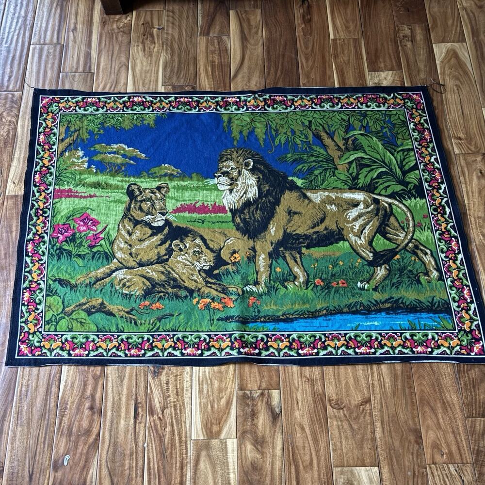 Vtg Tapestry Wall Hanging Lion family cub In A Jungle 54 X 37 Maximalist 70s MCM